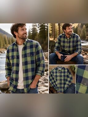 Ocean & Coast Plaid Cotton Button Down Shirt XL Green Blue Buffalo Check